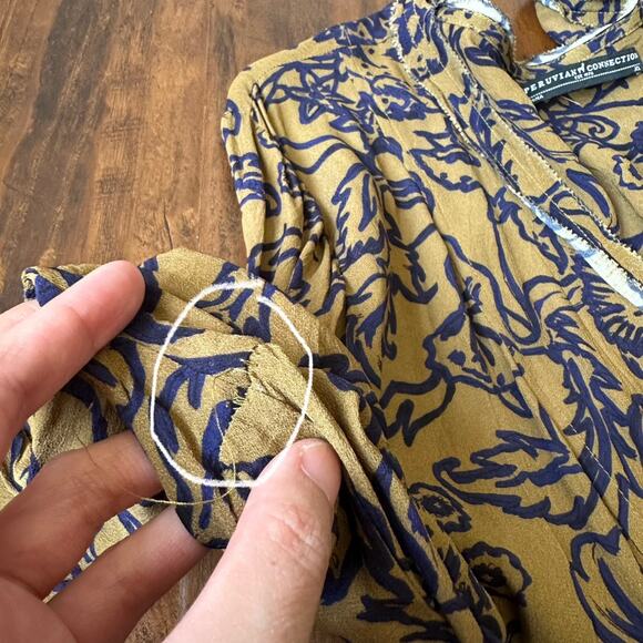 PERUVIAN CONNECTION Mini Dress Brown Blue Floral Puff Sleeve Boho - Picture 8 of 13